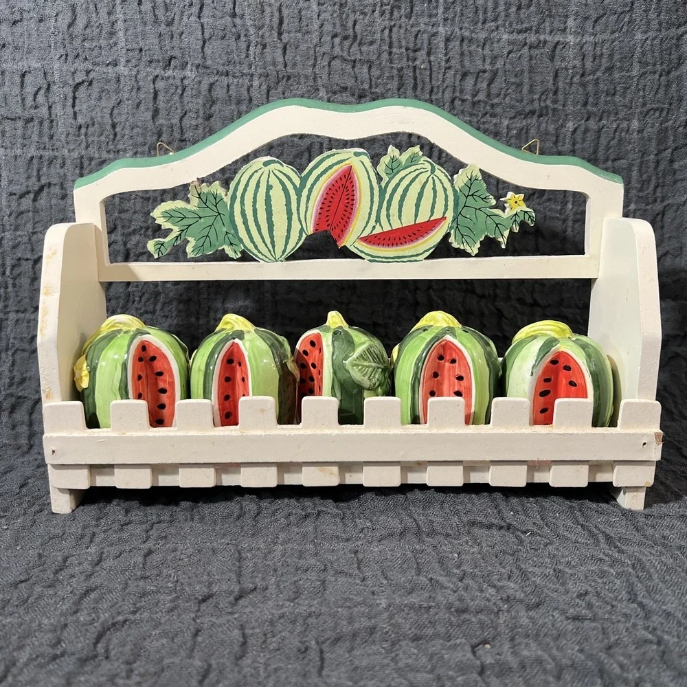 Vintage Wooden Spice Rack with 5 Ceramic Bottles Watermelon‎ Shaped